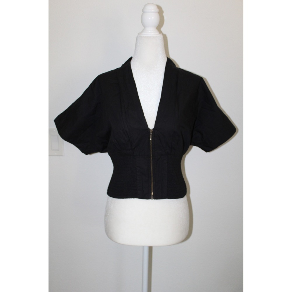 Maeve by Anthropologie Black Smocked Zip Front V-Neck Crop Top OB1846435 Medium